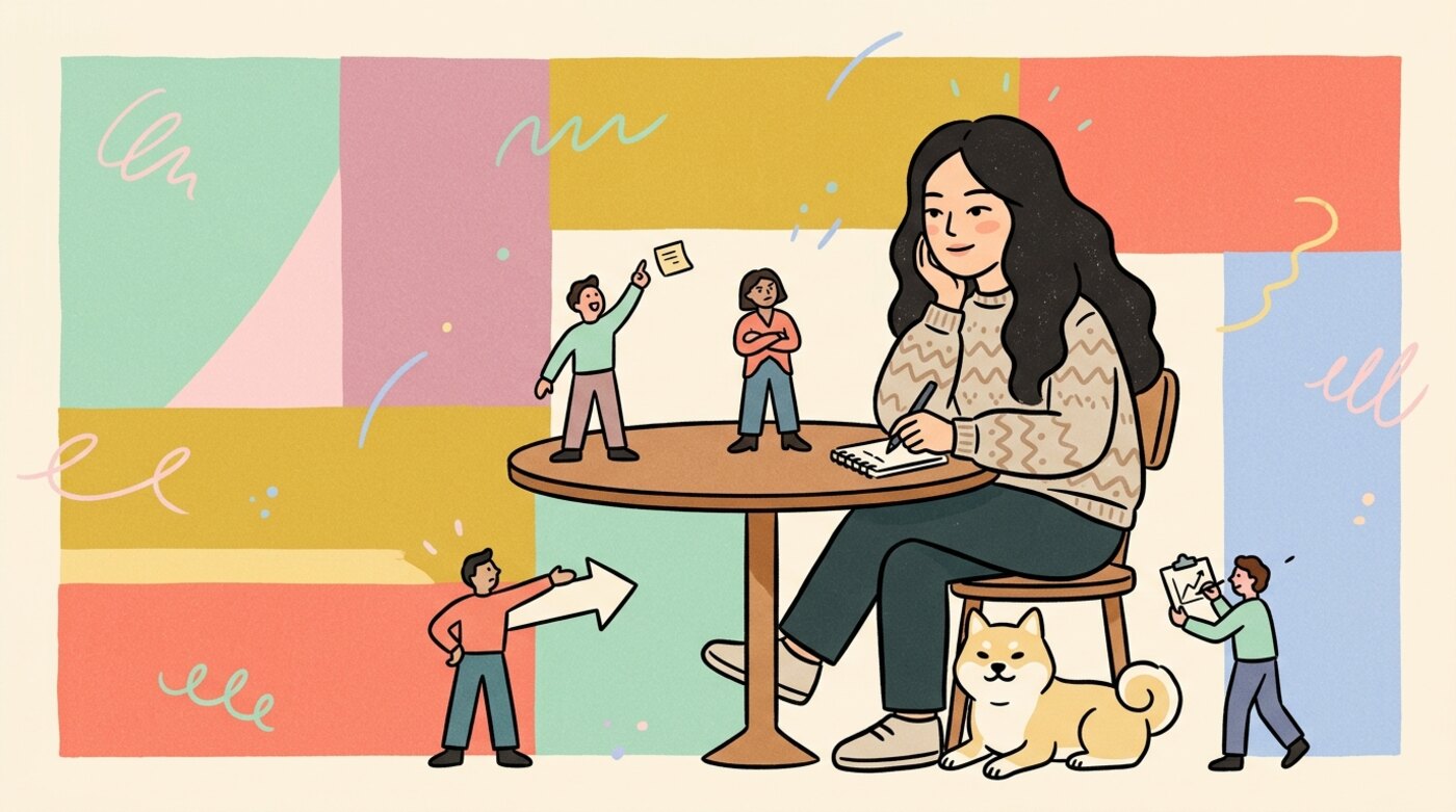 Illustration: Angie at a small table taking notes while four small figures argue different opinions around her, a shiba inu resting at her feet
