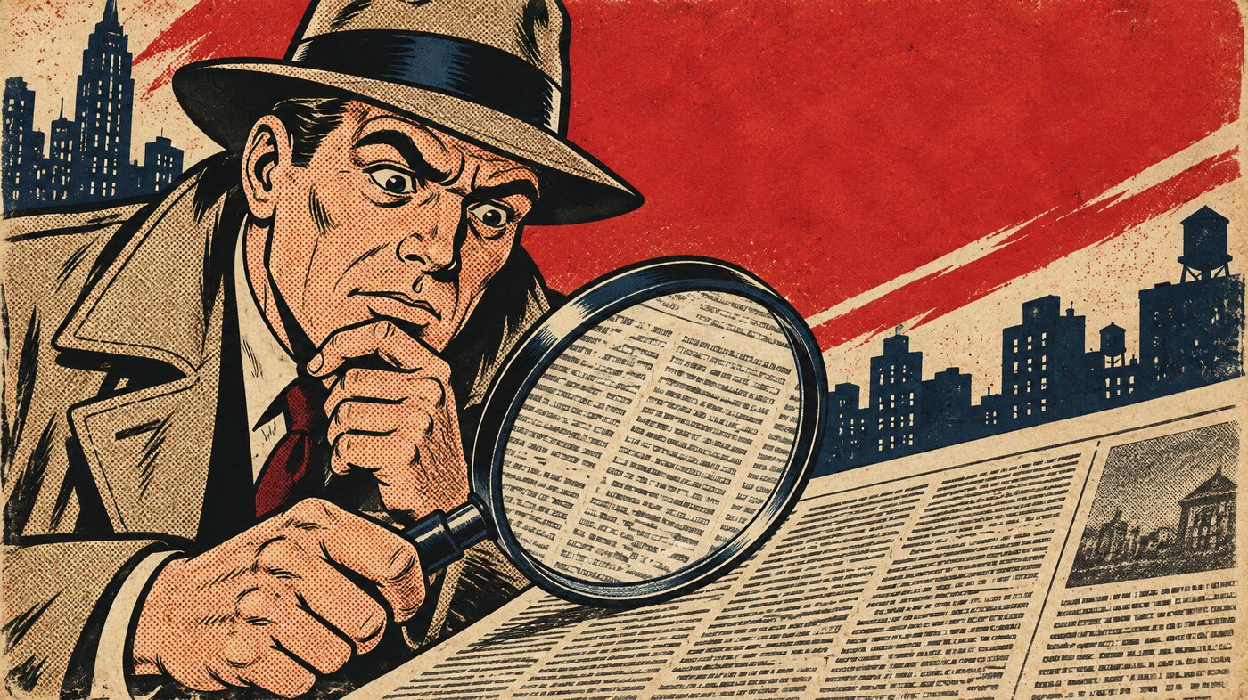 Noir detective holding a magnifying glass over a newspaper, finding only ordinary columns of text