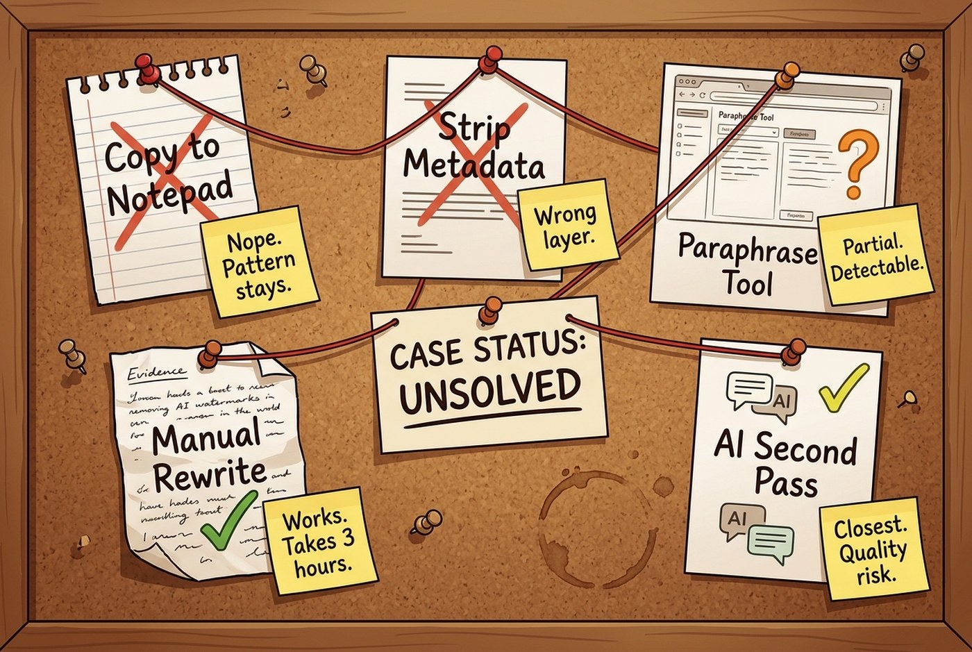 Detective board with five methods for removing Claude’s AI text watermark still unsolved