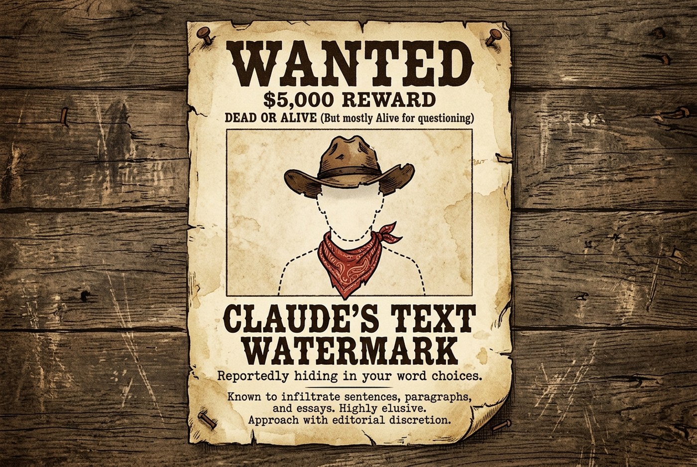 Wanted poster style illustration for Claude’s invisible text watermark hiding in word choices
