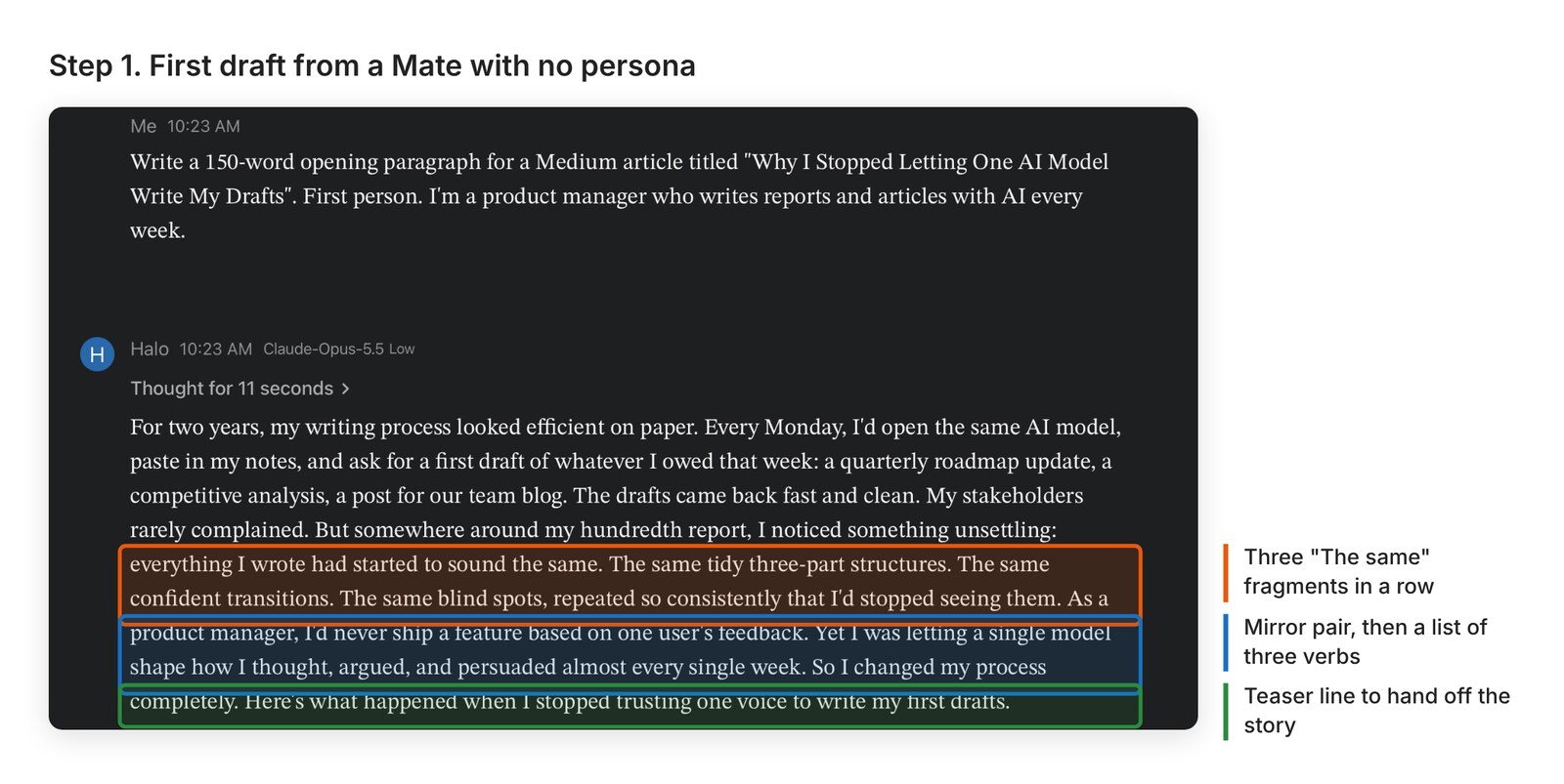 Unedited AI draft with highlighted repeated fragments, a mirror pair and a teaser closing line