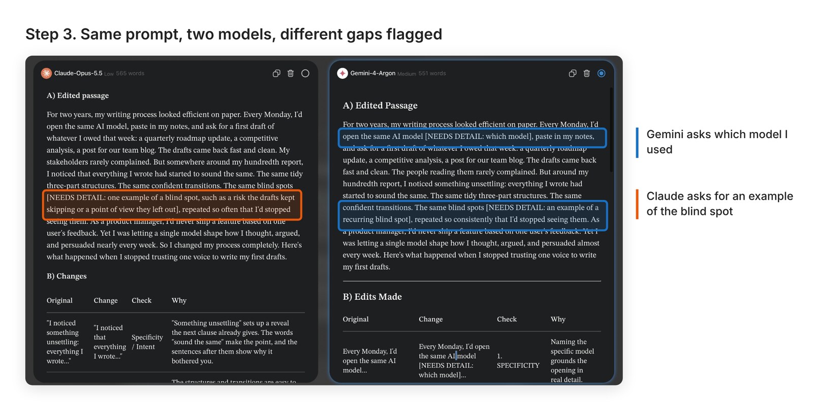 Two edited versions side by side with NEEDS DETAIL flags