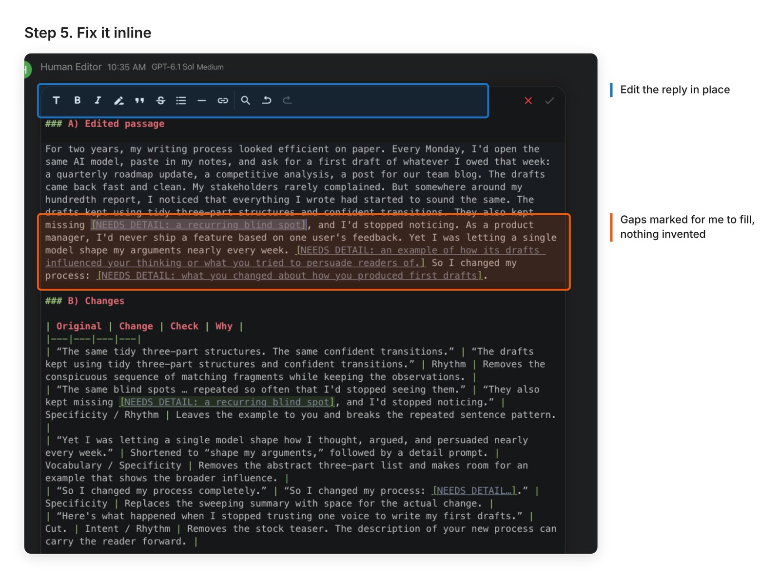 Edited passage opened in an inline editor with highlighted gaps