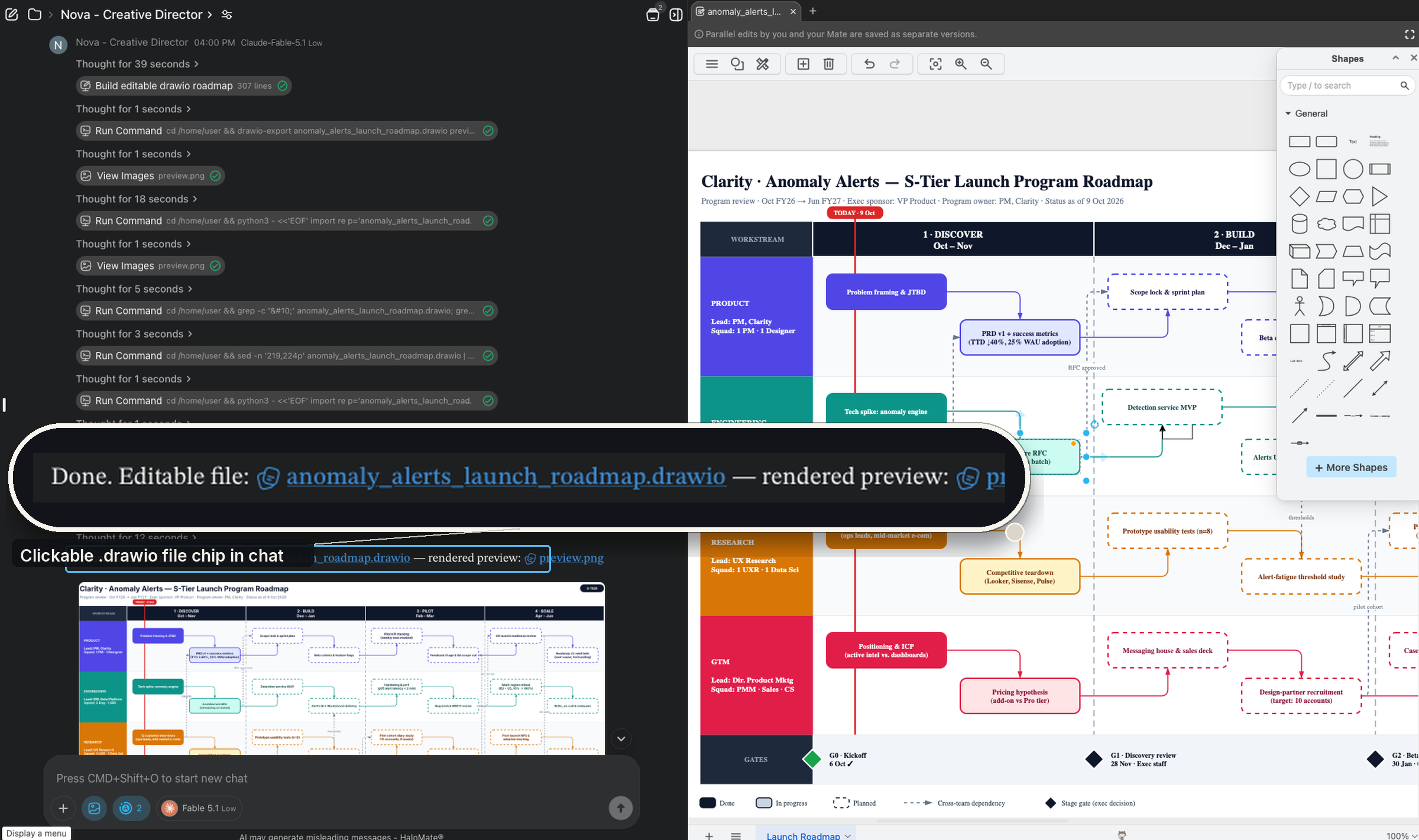 Editable .drawio program roadmap generated in HaloMate chat, file card magnified