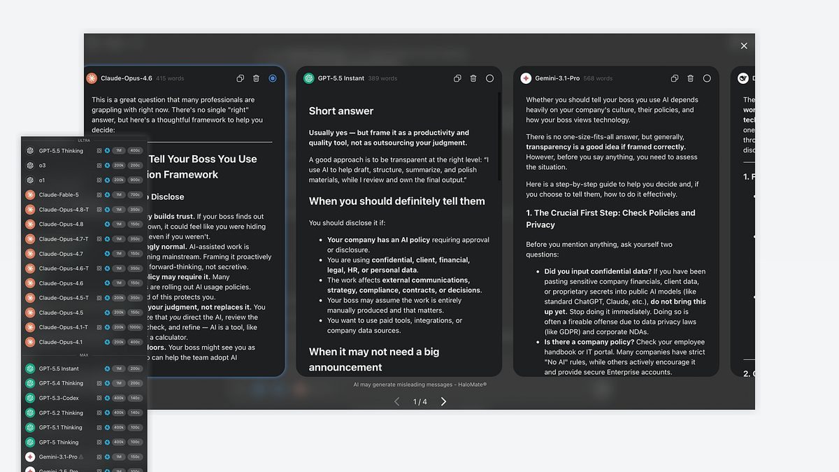 Side-by-side comparison view with model selector in a multi-model workspace