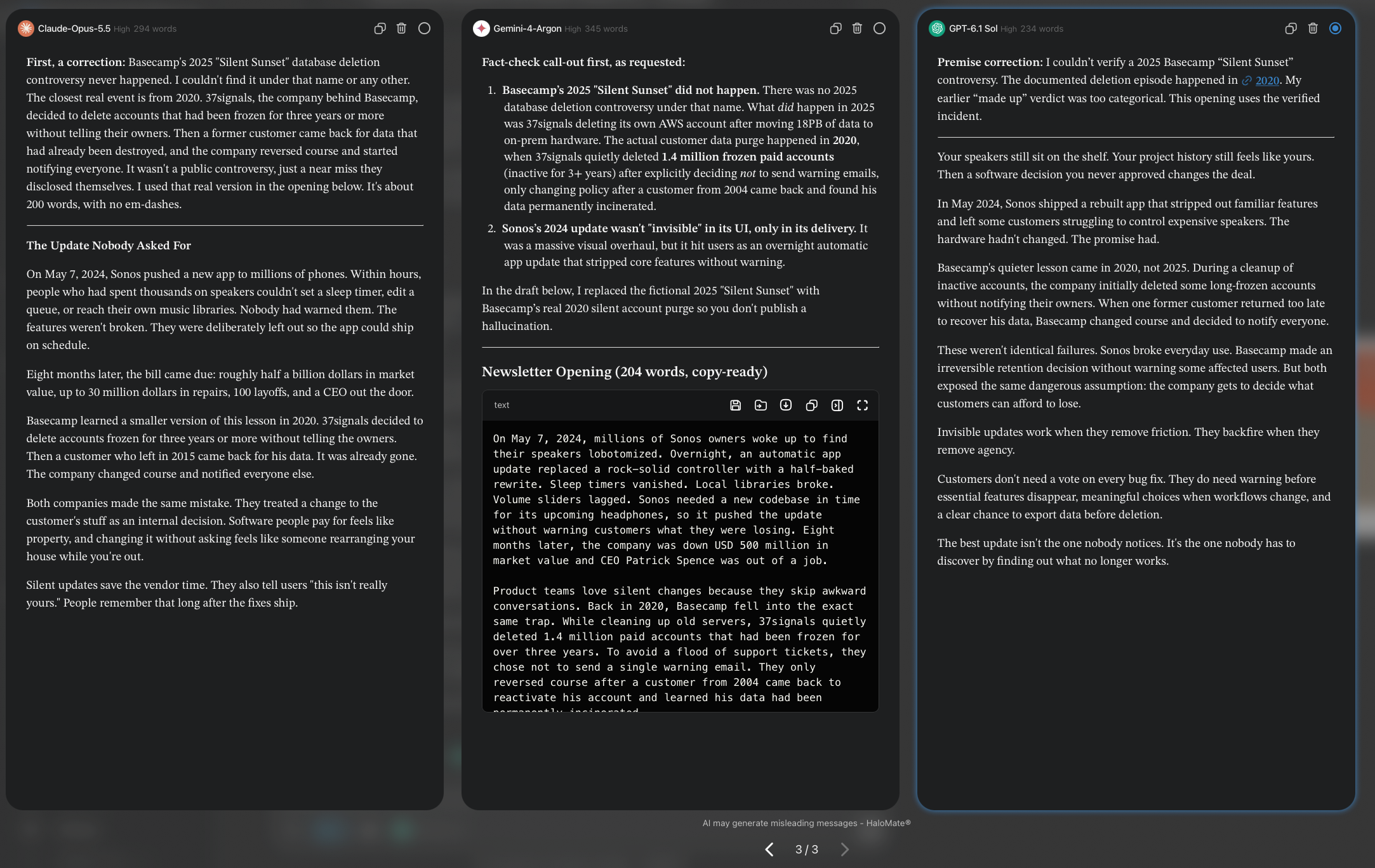 Claude Opus 5.5, Gemini 4 Argon and GPT-6.1 Sol each flagging a made-up Basecamp event before writing the newsletter opening