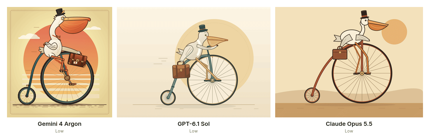 Pelican riding a penny-farthing SVG by Gemini 4 Argon, GPT-6.1 Sol and Claude Opus 5.5