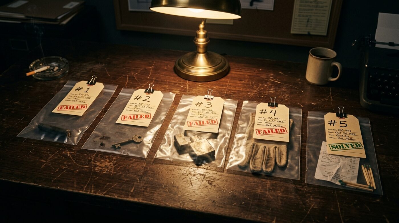 Five evidence bags on a detective desk, four stamped failed and one stamped solved