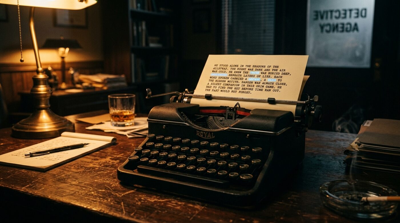 Vintage typewriter with a page of text where certain word choices are subtly highlighted, noir detective office