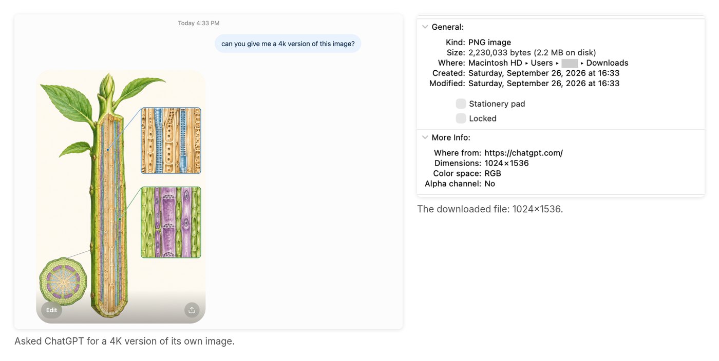Left: asking ChatGPT for a 4K version. Right: Get Info on the downloaded file shows 1024 by 1536