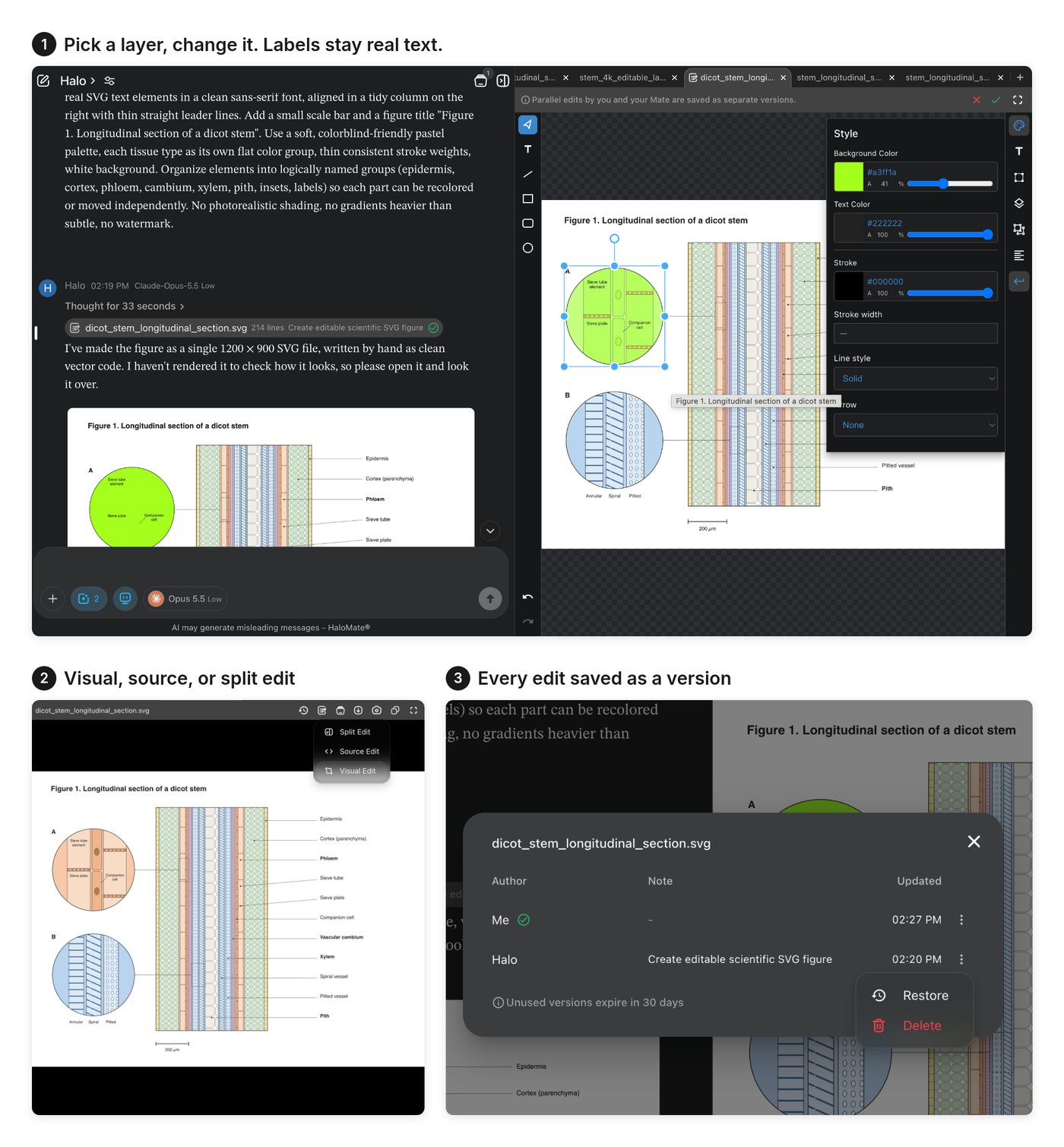 Editing the SVG figure: selecting a layer and recoloring it, switching between visual and source edit, and the version history