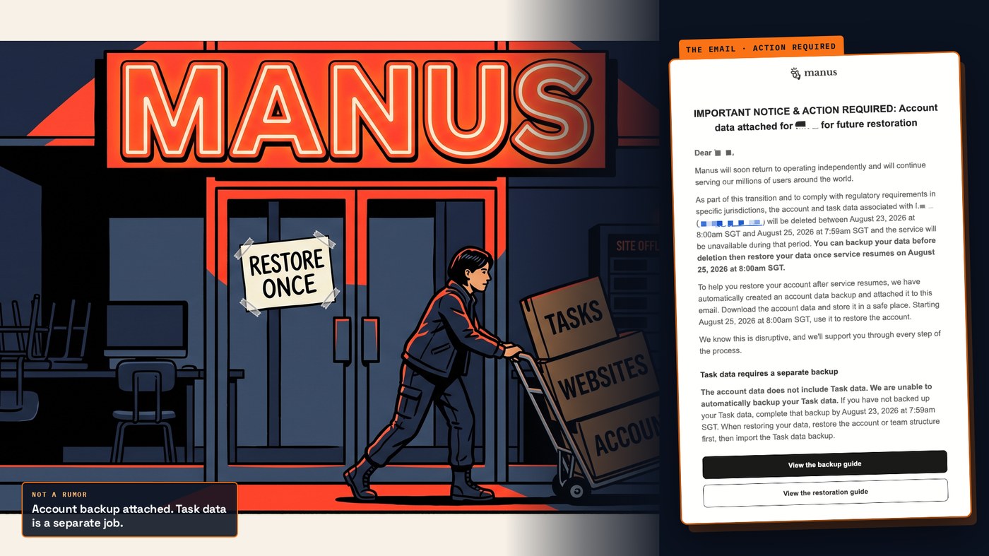 Manus neon storefront and the official ACTION REQUIRED email: account backup attached, task data is separate