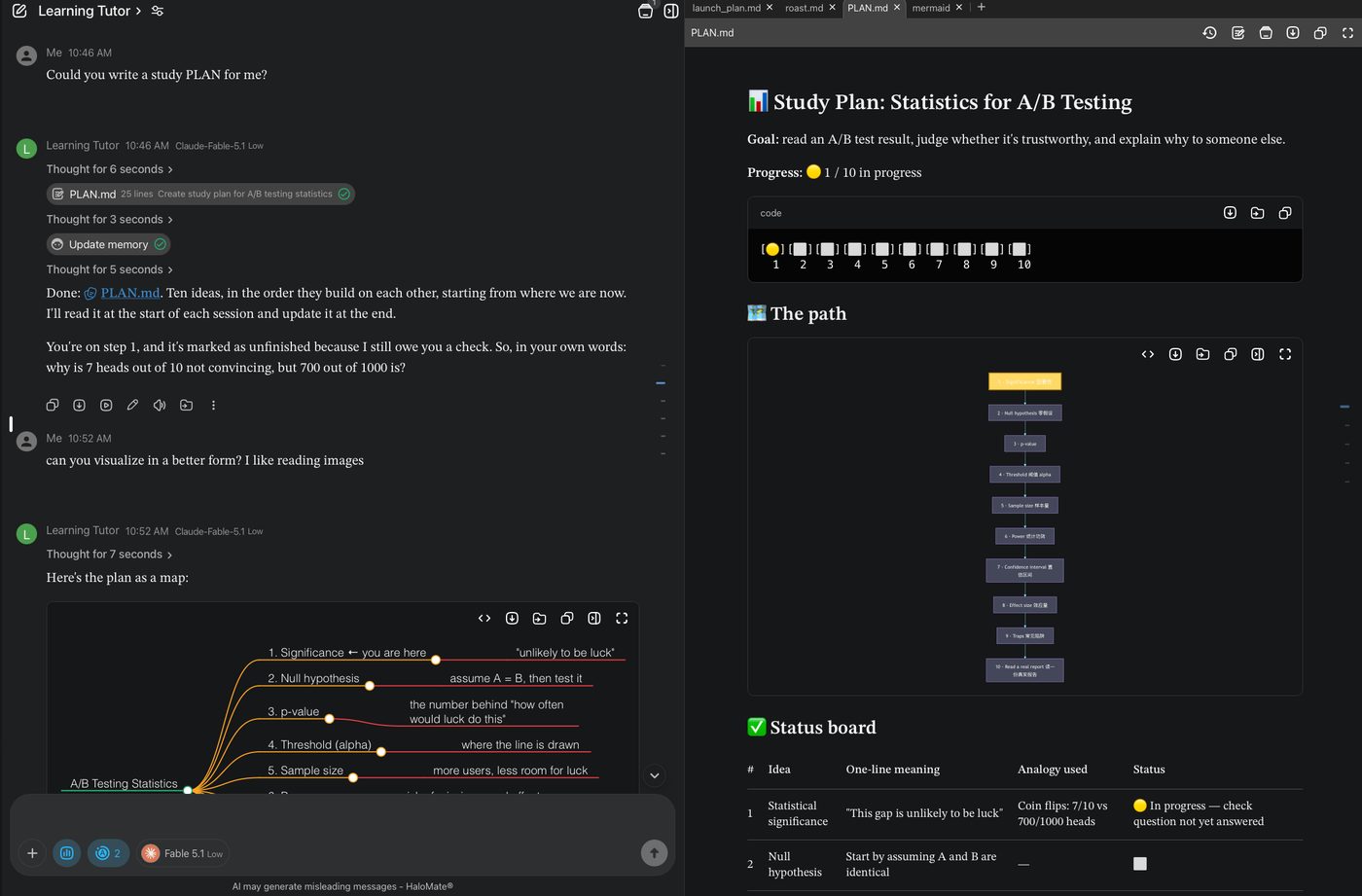 Split view of a planning chat with a mind map on the left and PLAN.md with progress bar and status board on the right