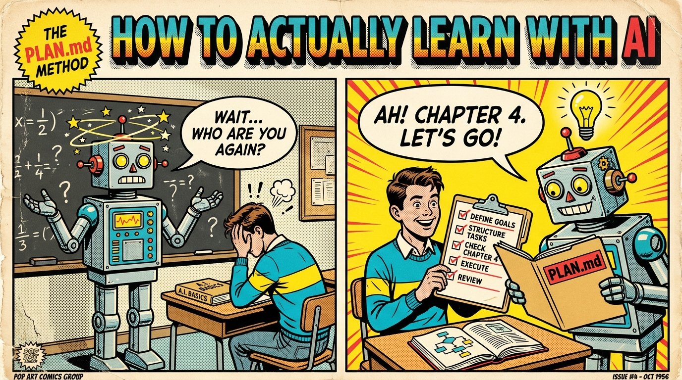 A learner at a desk under a banner that says amnesia, sticky notes falling off a chalkboard while a tutor waves from a laptop