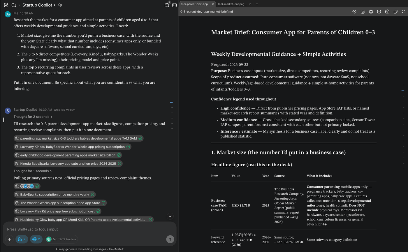 Split view: research brief on the left, market brief document with a confidence legend on the right