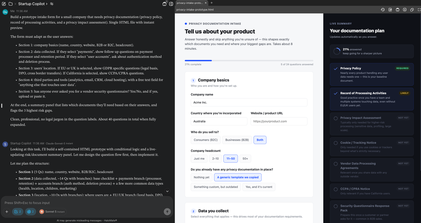 Privacy documentation intake prototype with live documentation plan panel on the right