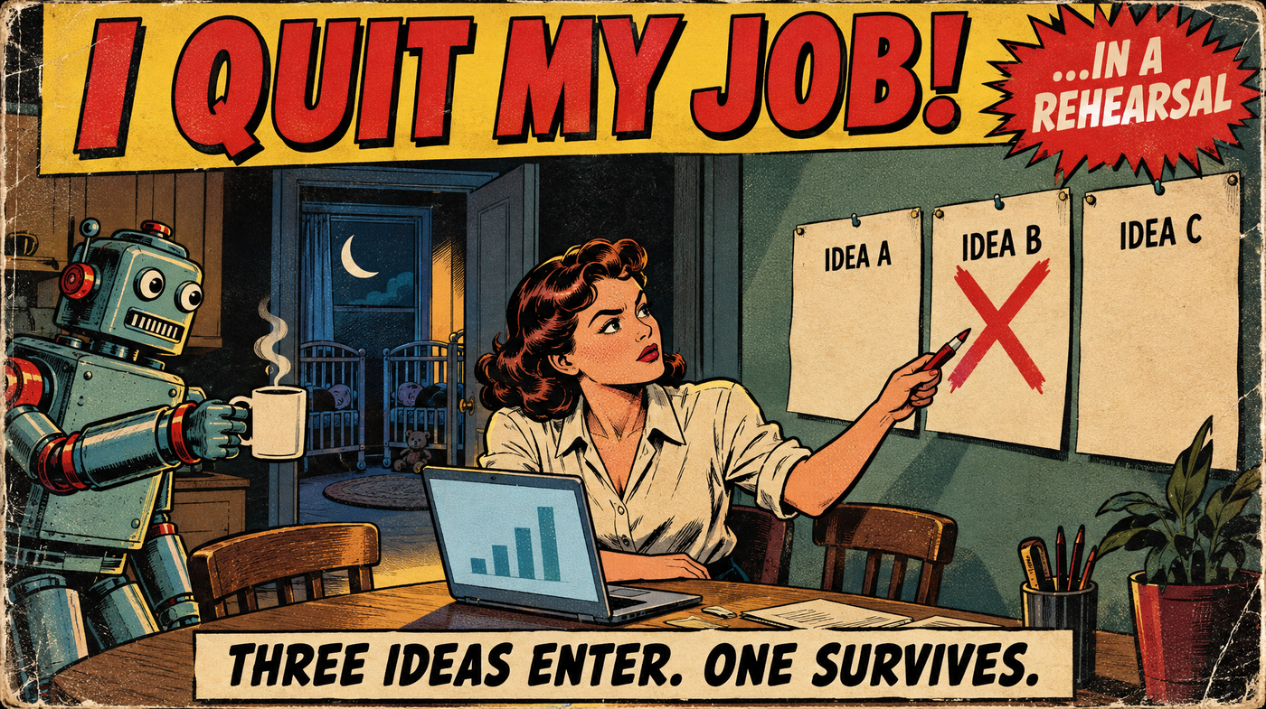 Vintage poster: I quit my job, in a rehearsal. A woman marks Idea B with a red X while a robot brings coffee. Three ideas enter. One survives.