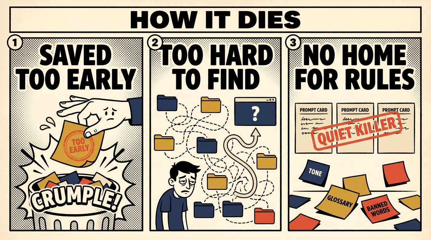 Three-panel comic: saved too early, too hard to find, no home for rules